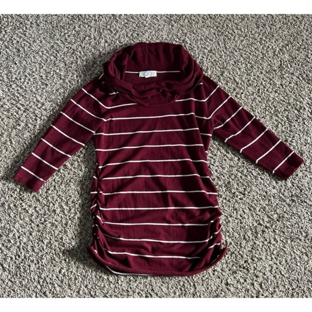 Pink Rose Cowl Neck Quater Sleeve ruched Maroon/white strip sweater size large